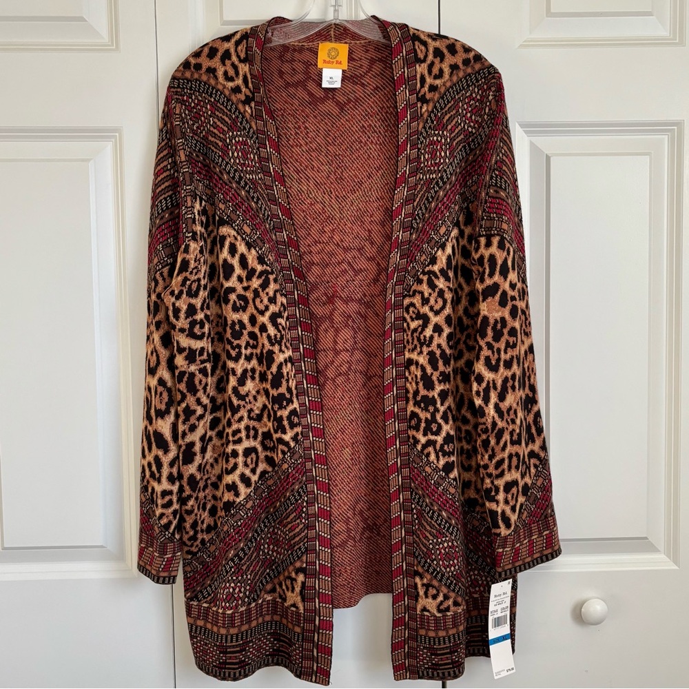 Chico's Leopard Print Open Front Sweater - Brown and Red
